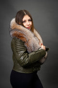 Women's Trey Biker Olive Oversized Fox Collar [Crystal Fox Fur]