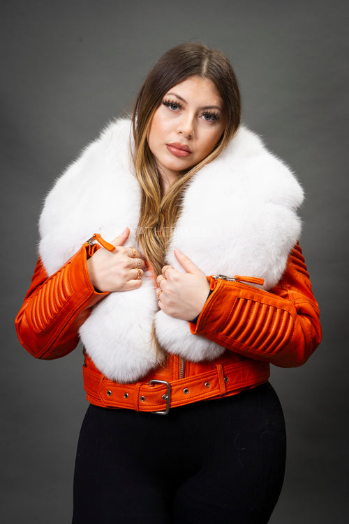 Women's Trey Biker Orange Oversized Fox Collar [Pure White Fox]