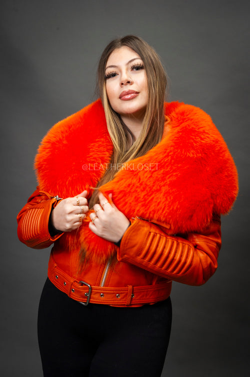 Women's Trey Biker Orange Oversized Fox Collar [Orange Fox]
