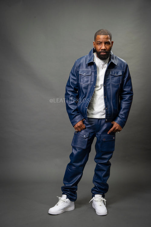 Men's Dylan Leather Jean Jacket And Cargo Pants Set [Navy]