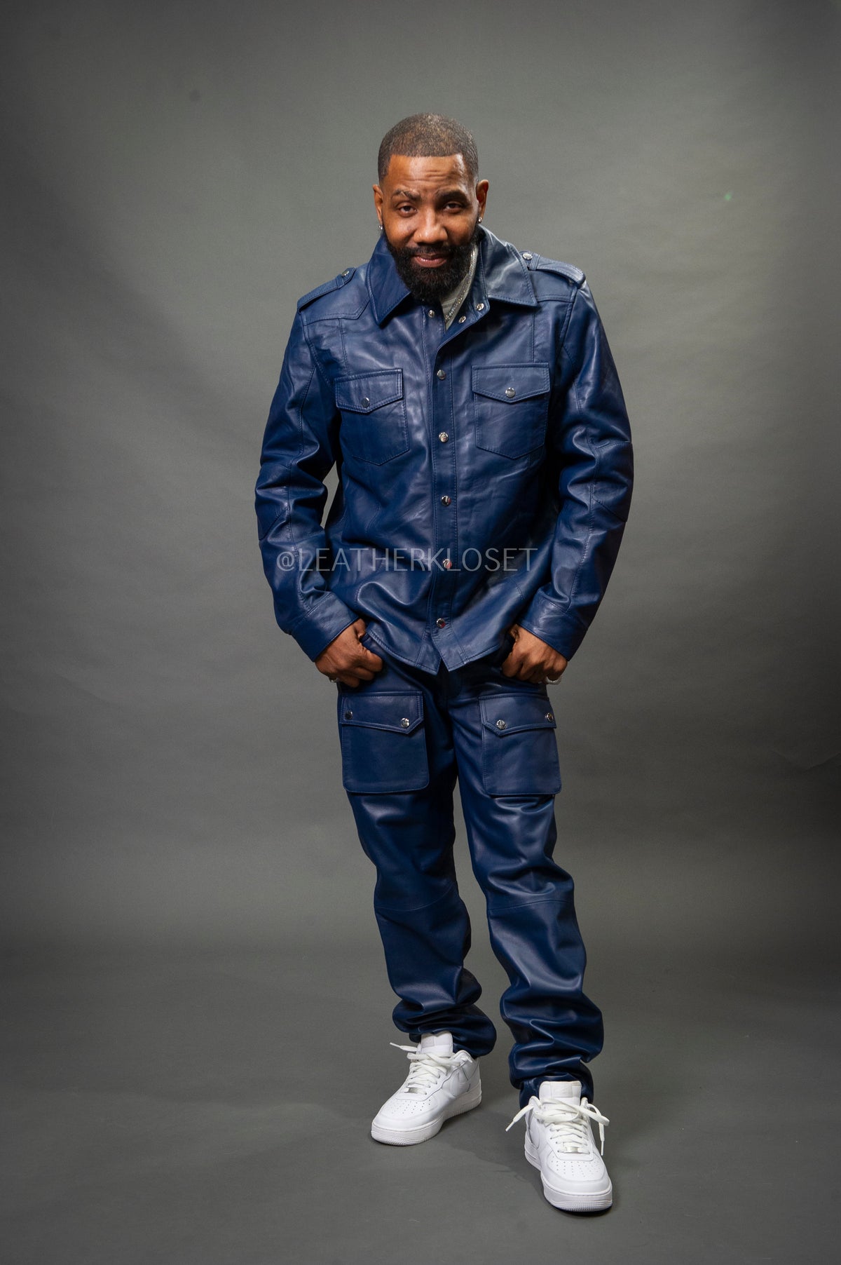 Men's James Leather Shirt And Cargo Pants Set [Navy]