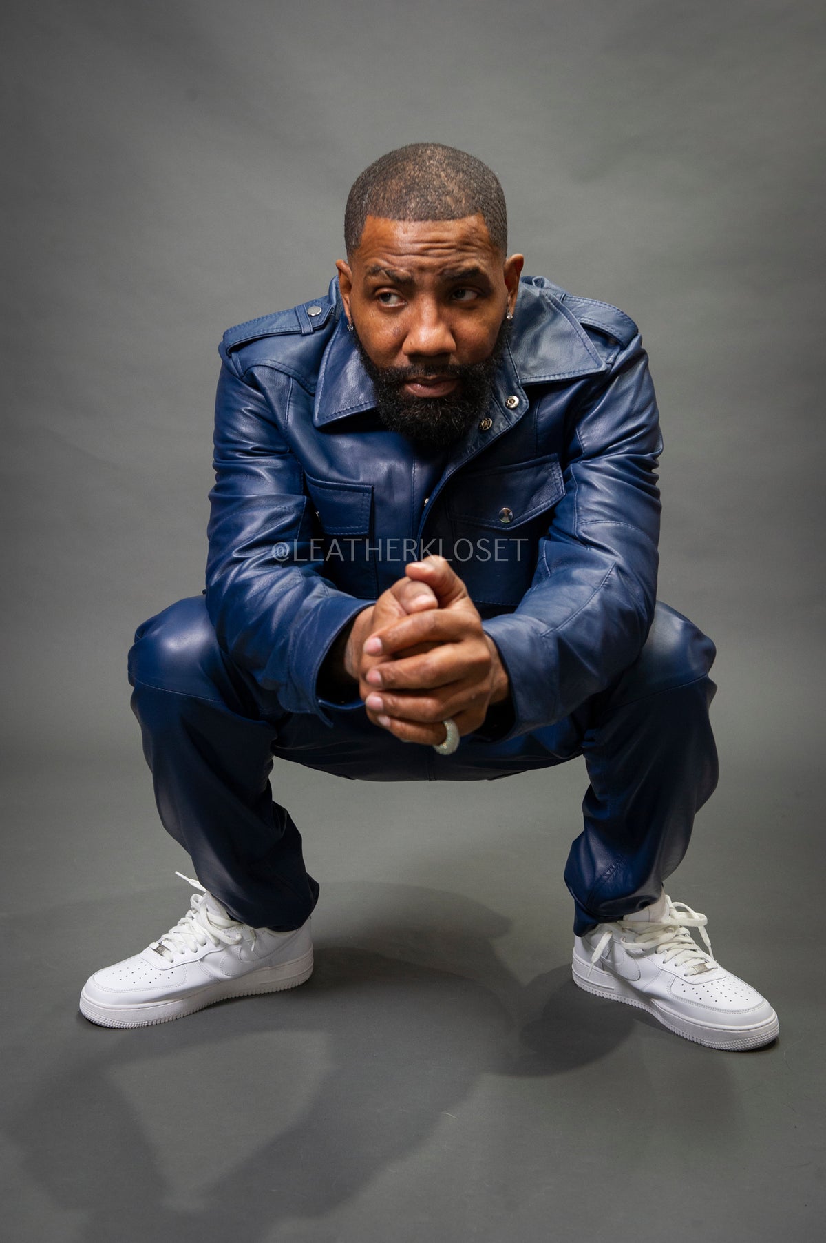 Men's James Leather Shirt And Cargo Pants Set [Navy]