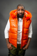 Men's Leather Bubble Vest With Fox Fur Hood [Orange]