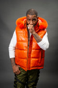 Men's Leather Bubble Vest With Fox Fur Hood [Orange]