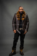 Men's Box Biker Copper Leather Full Chinchilla Fur Collar [Slim-Fit]