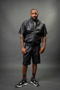 Men's Leo Leather Shorts and Jacket Set [Black/Black}