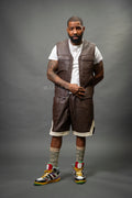 Men's Leather Brooklyn Vest With Leather Basketball Shorts [Chocolate/Beige]