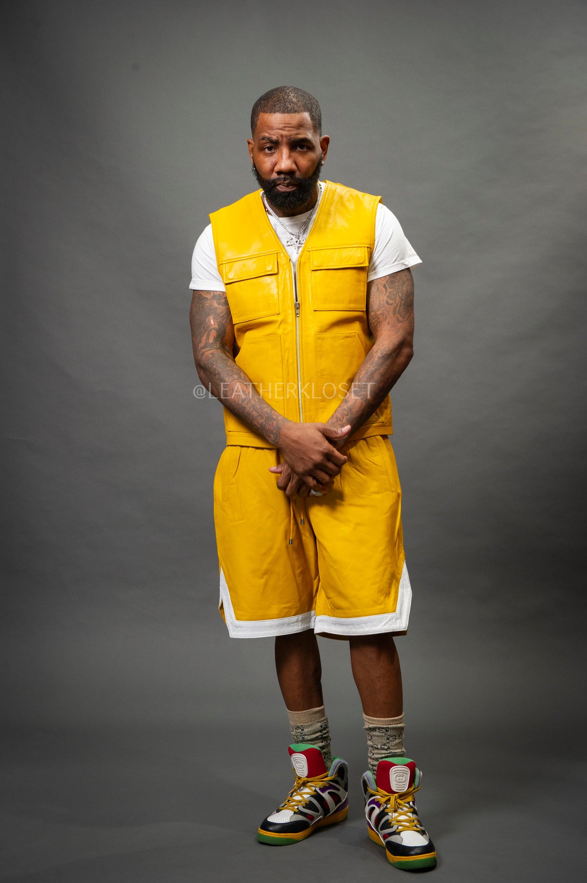 Men's Leather Brooklyn Vest With Leather Basketball Shorts [Yellow/White]