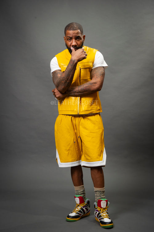 Men's Leather Brooklyn Vest With Leather Basketball Shorts [Yellow/White]