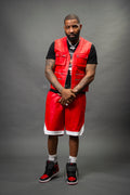 Men's Leather Tactical Vest With Leather Basketball Shorts [Red/White]