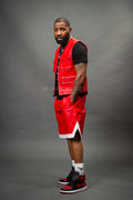 Men's Leather Tactical Vest With Leather Basketball Shorts [Red/White]
