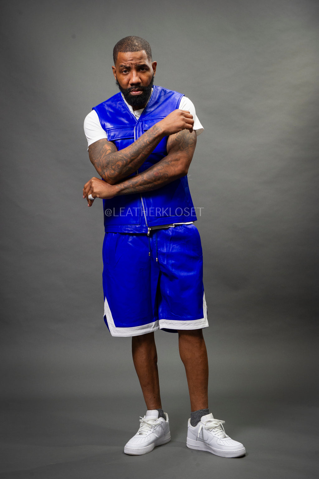 Men's Leather Brooklyn Vest With Leather Basketball Shorts [Royal/White]