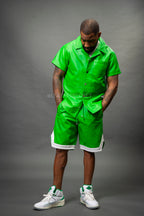 Men's Summer In Miami Leather Shirt And Shorts Set [Green]