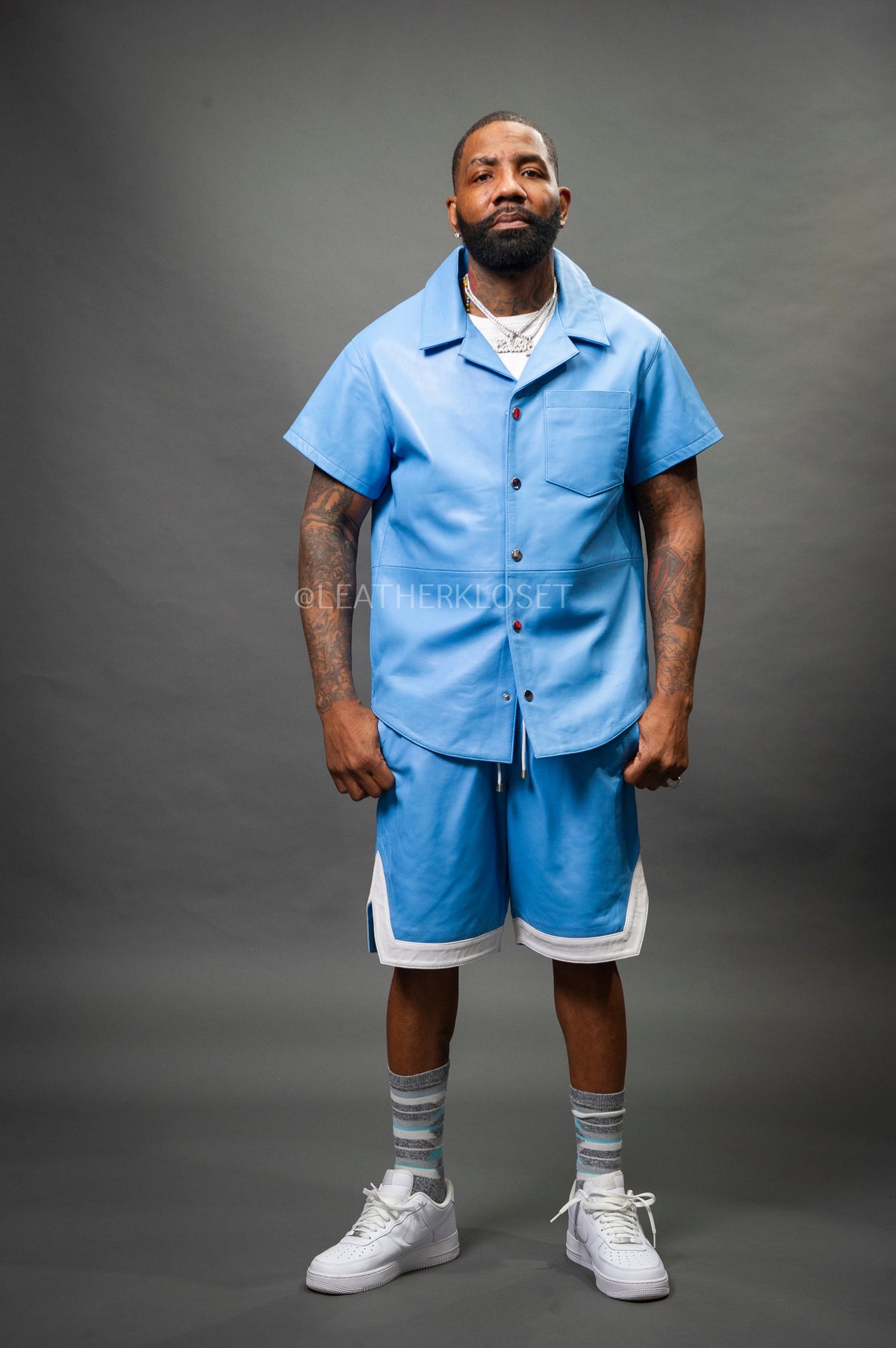Men's Summer In Miami Leather Shirt And Shorts Set [Baby Blue]