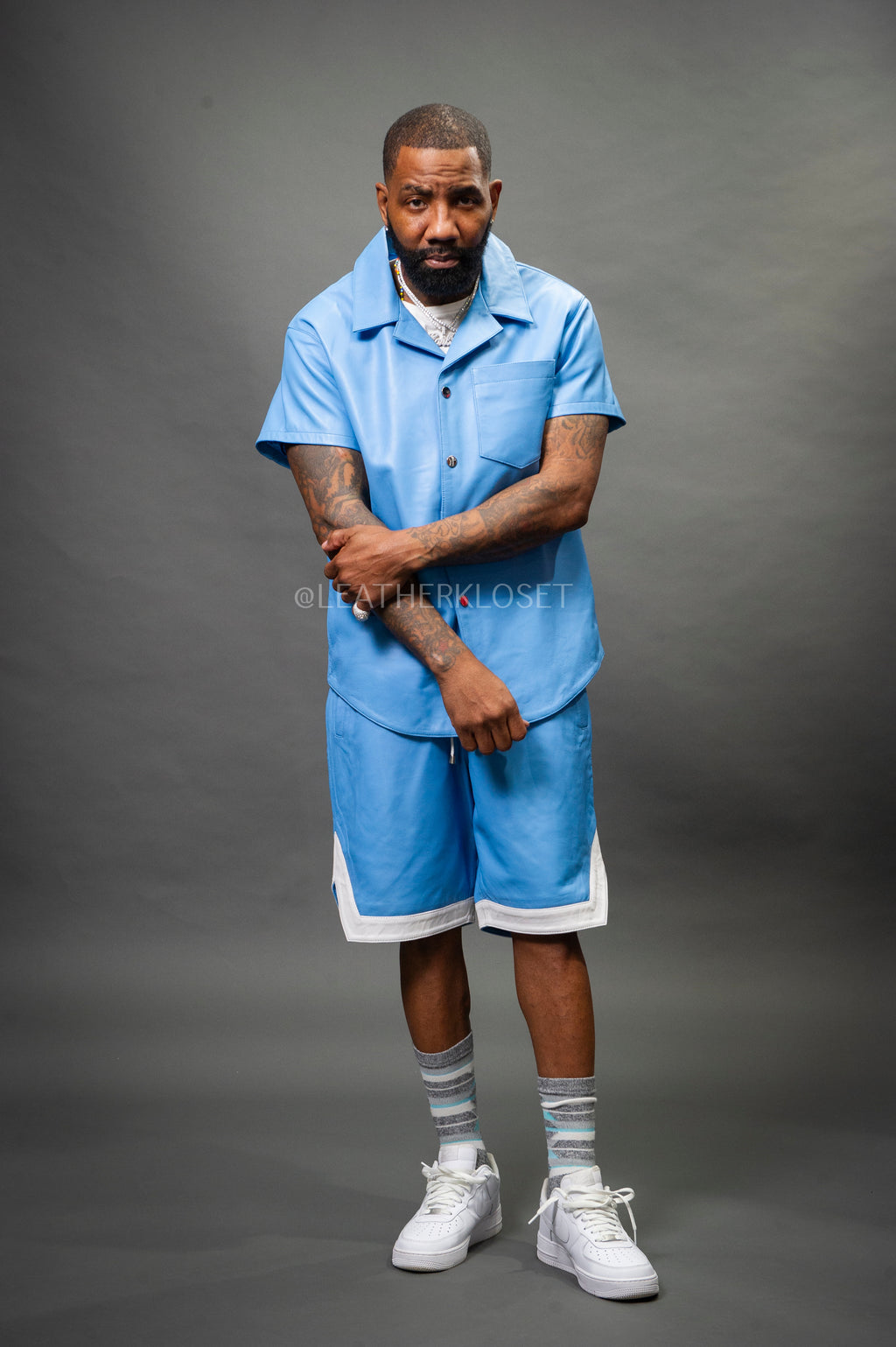Men's Summer In Miami Leather Shirt And Shorts Set [Baby Blue]