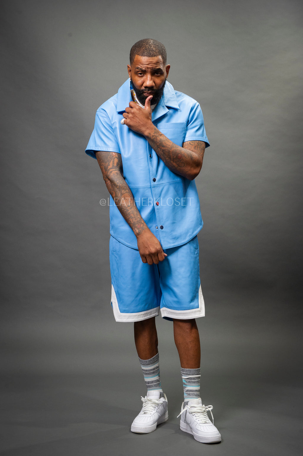 Men's Summer In Miami Leather Shirt And Shorts Set [Baby Blue]