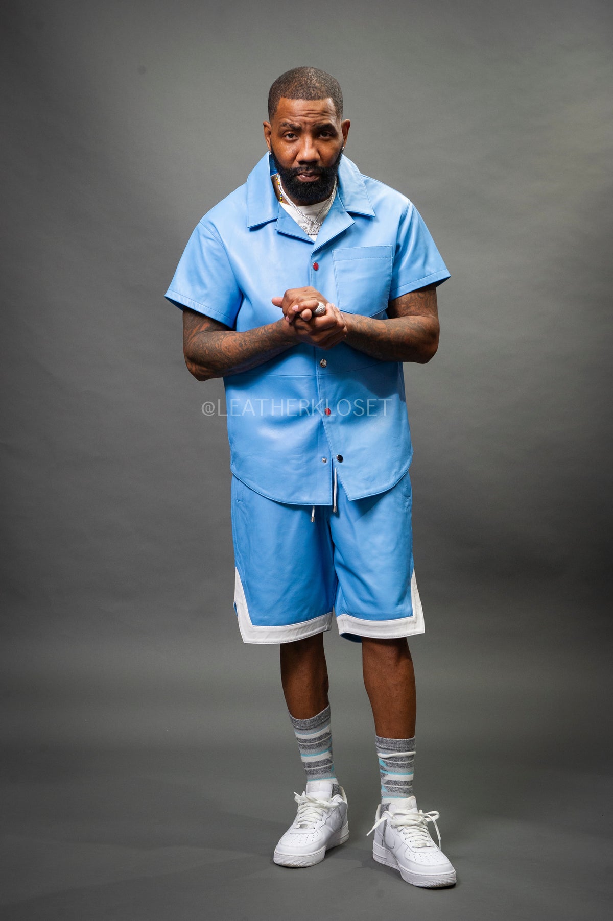 Men's Summer In Miami Leather Shirt And Shorts Set [Baby Blue]