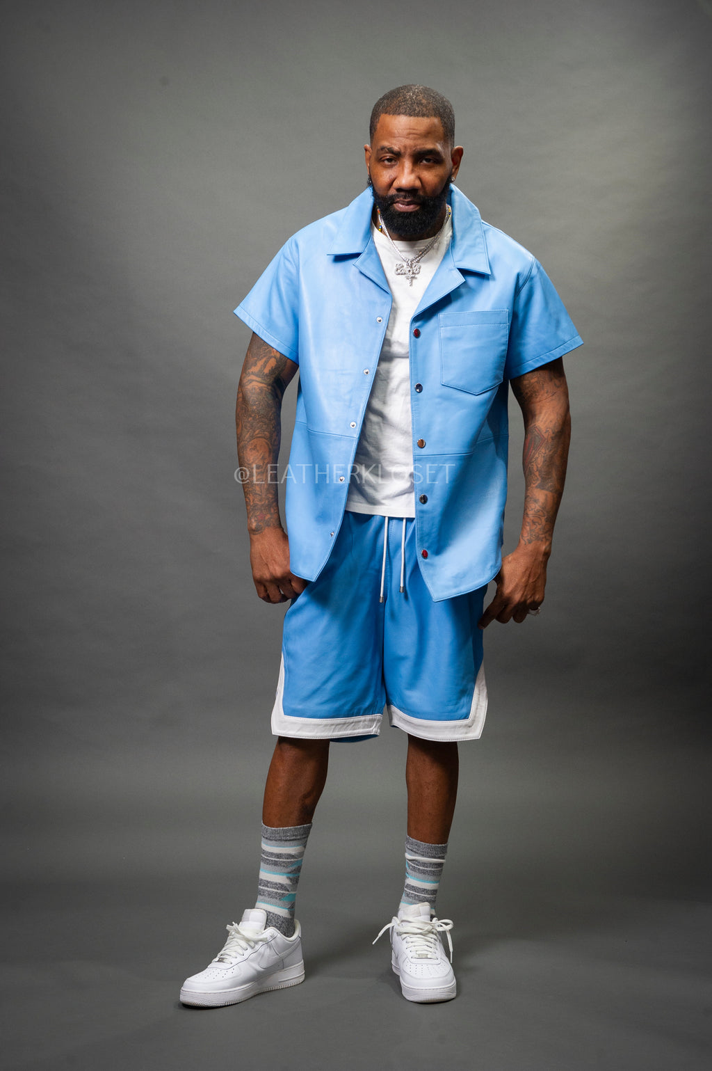 Men's Summer In Miami Leather Shirt And Shorts Set [Baby Blue]