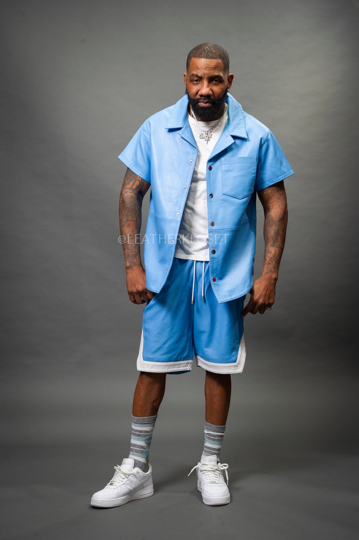Men's Summer In Miami Leather Shirt And Shorts Set [Baby Blue]