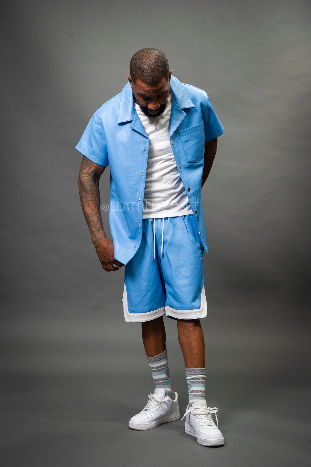 Men's Summer In Miami Leather Shirt And Shorts Set [Baby Blue]