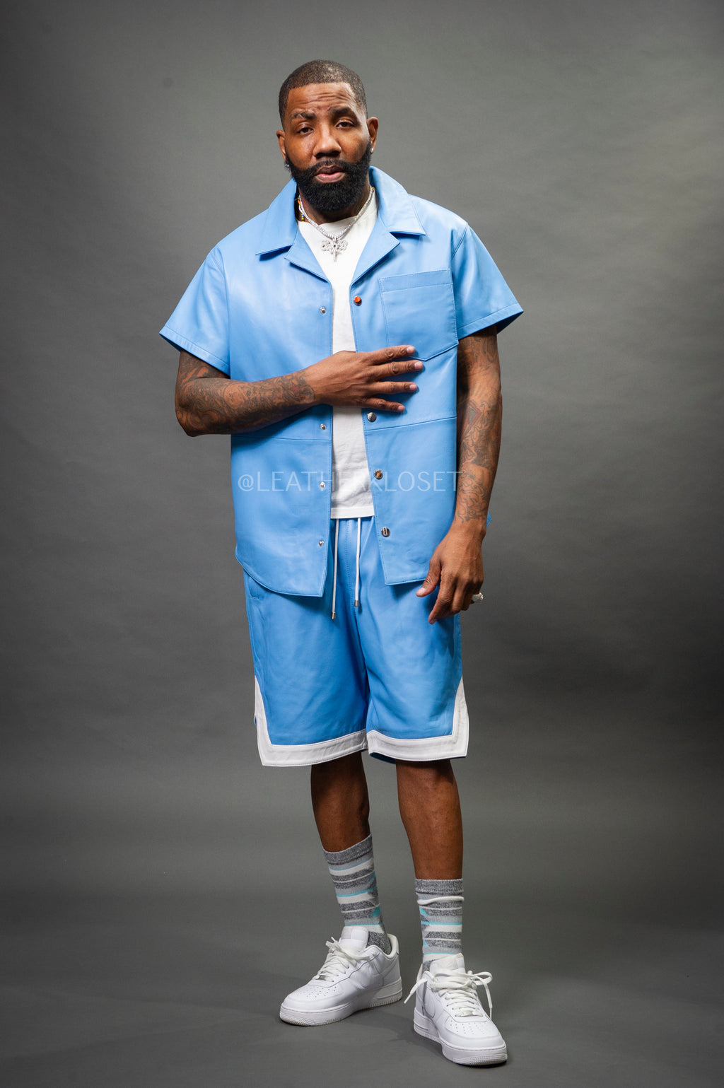 Men's Summer In Miami Leather Shirt And Shorts Set [Baby Blue]