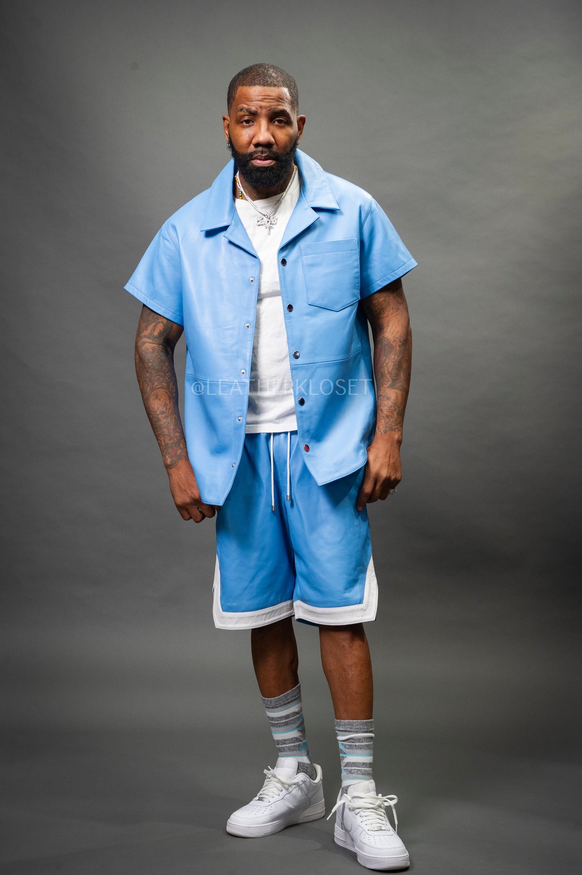 Men's Summer In Miami Leather Shirt And Shorts Set [Baby Blue]