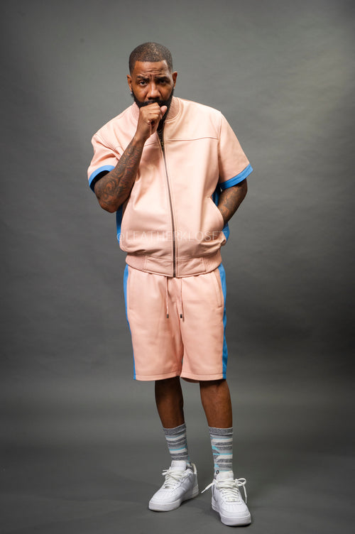Men's Leo Leather Shorts and Jacket Set [Baby Pink/Baby Blue]