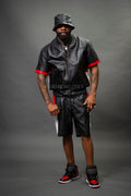 Men's Leo Leather Shorts and Jacket Set [Black/Red]