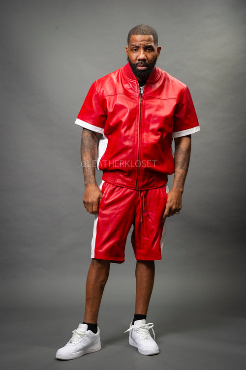 Men's Leo Leather Shorts and Jacket Set [Red/White]