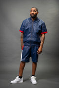 Men's Leo Leather Shorts and Jacket Set [Navy/Red/White]