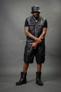 Men's Bless Set Leather Vest & Leather Cargo Shorts [Black]