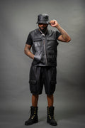Men's Bless Set Leather Vest & Leather Cargo Shorts [Black]