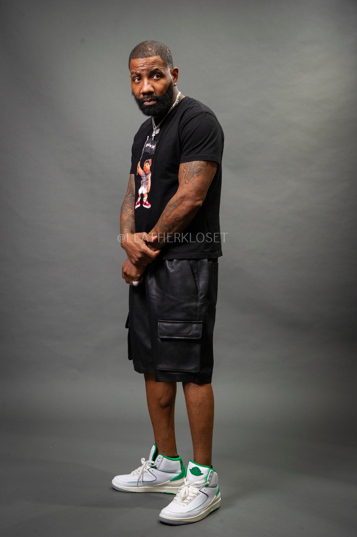 Men's Leather Cargo Shorts [Black]
