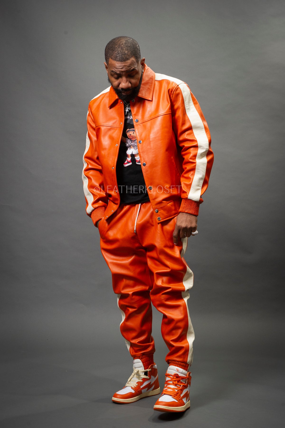 Men's Leather Track Suit Sweatsuit [Orange/Beige]