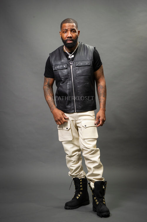 Men's Leather Brooklyn Vest With Leather Cargo Pants [Black/Beige]