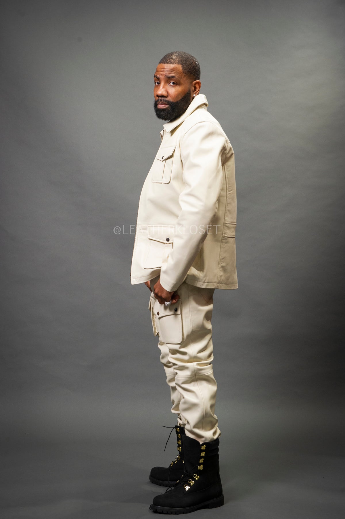 Men's Safari Leather Jacket And Cargo Pants Set [Beige]