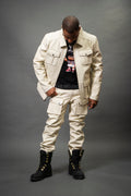 Men's Safari Leather Jacket And Cargo Pants Set [Beige]