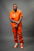 Men's Luka Leather Short Sleeve Shirt And Cargo Pants Set [Orange]