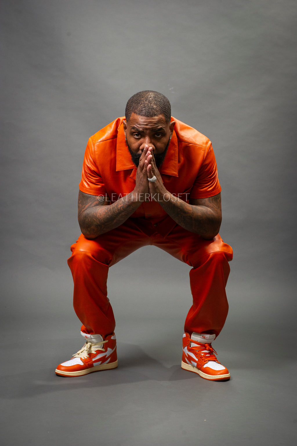 Men's Luka Leather Short Sleeve Shirt And Cargo Pants Set [Orange]