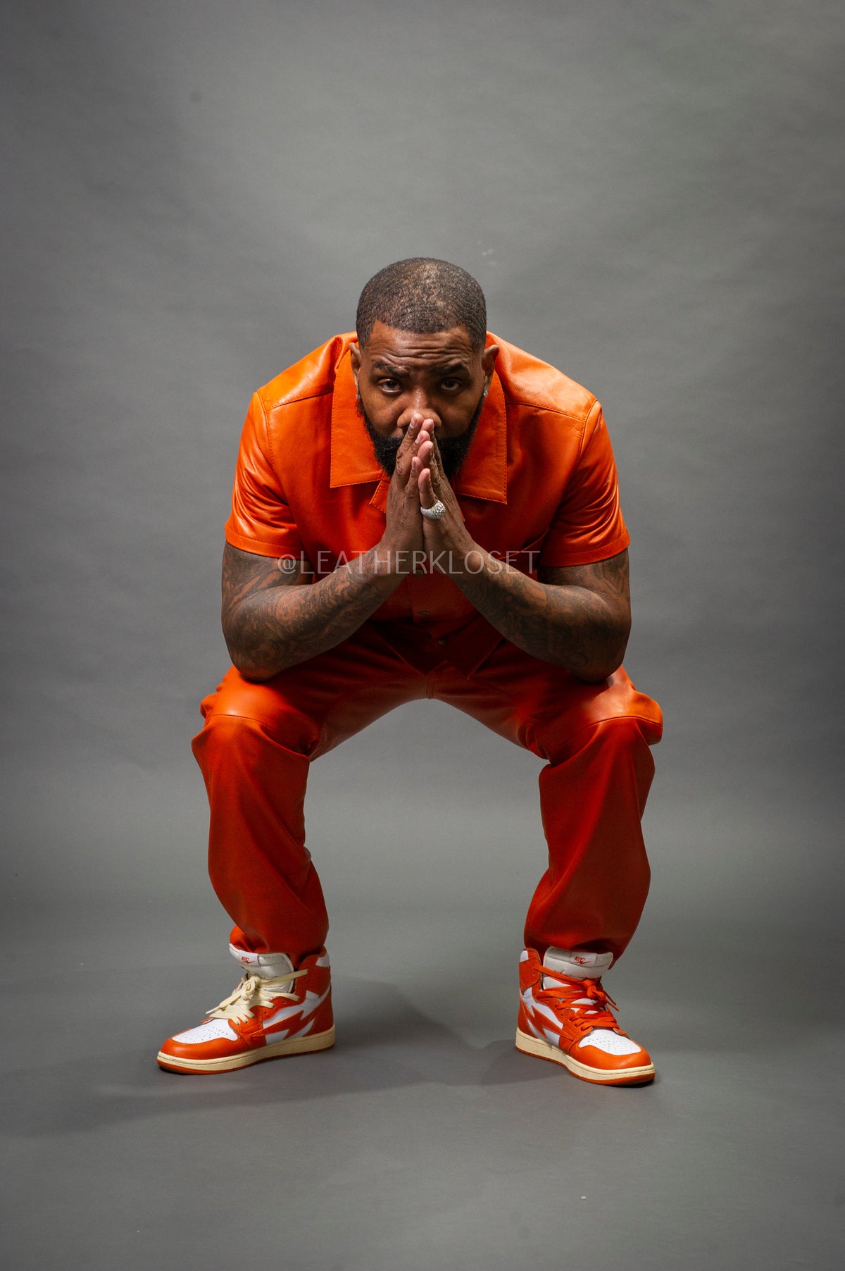 Men's Luka Leather Short Sleeve Shirt And Cargo Pants Set [Orange]