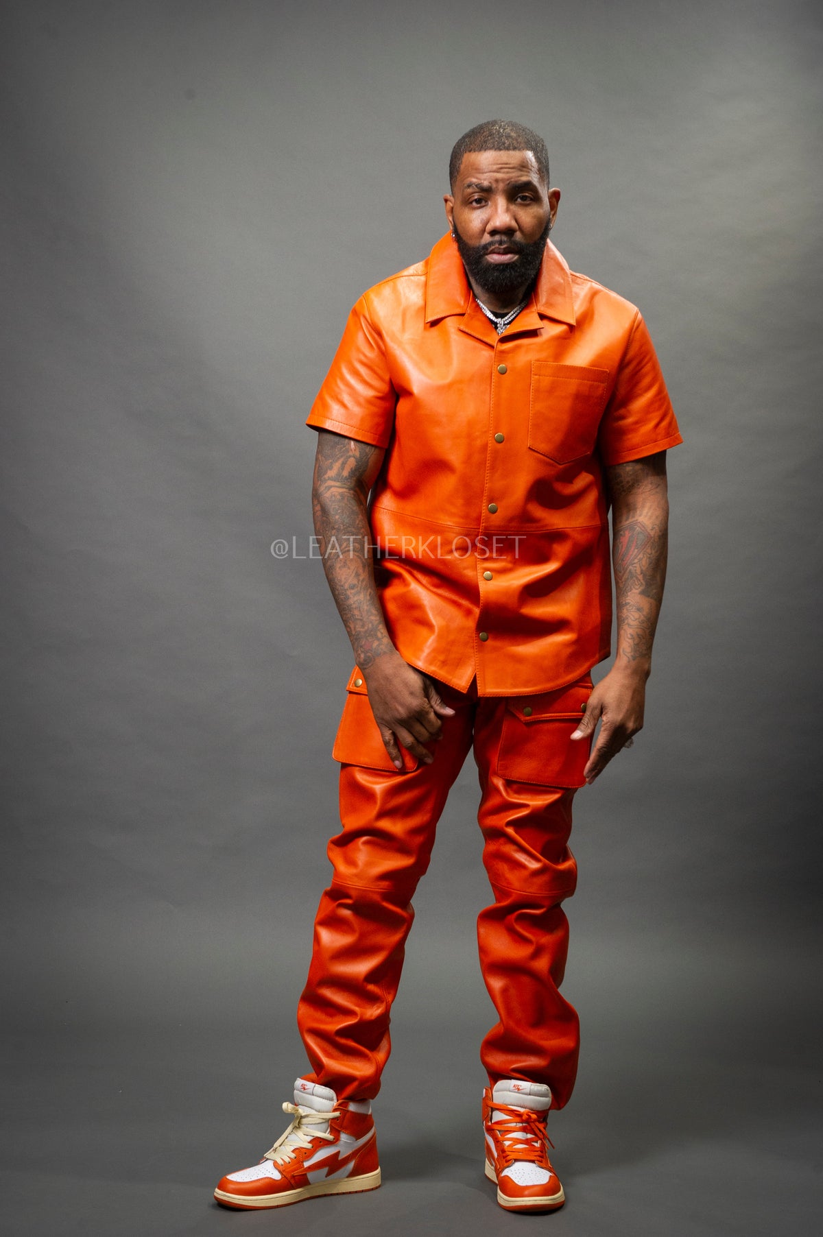 Men's Luka Leather Short Sleeve Shirt [Orange]