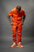 Men's Luka Leather Short Sleeve Shirt And Cargo Pants Set [Orange]