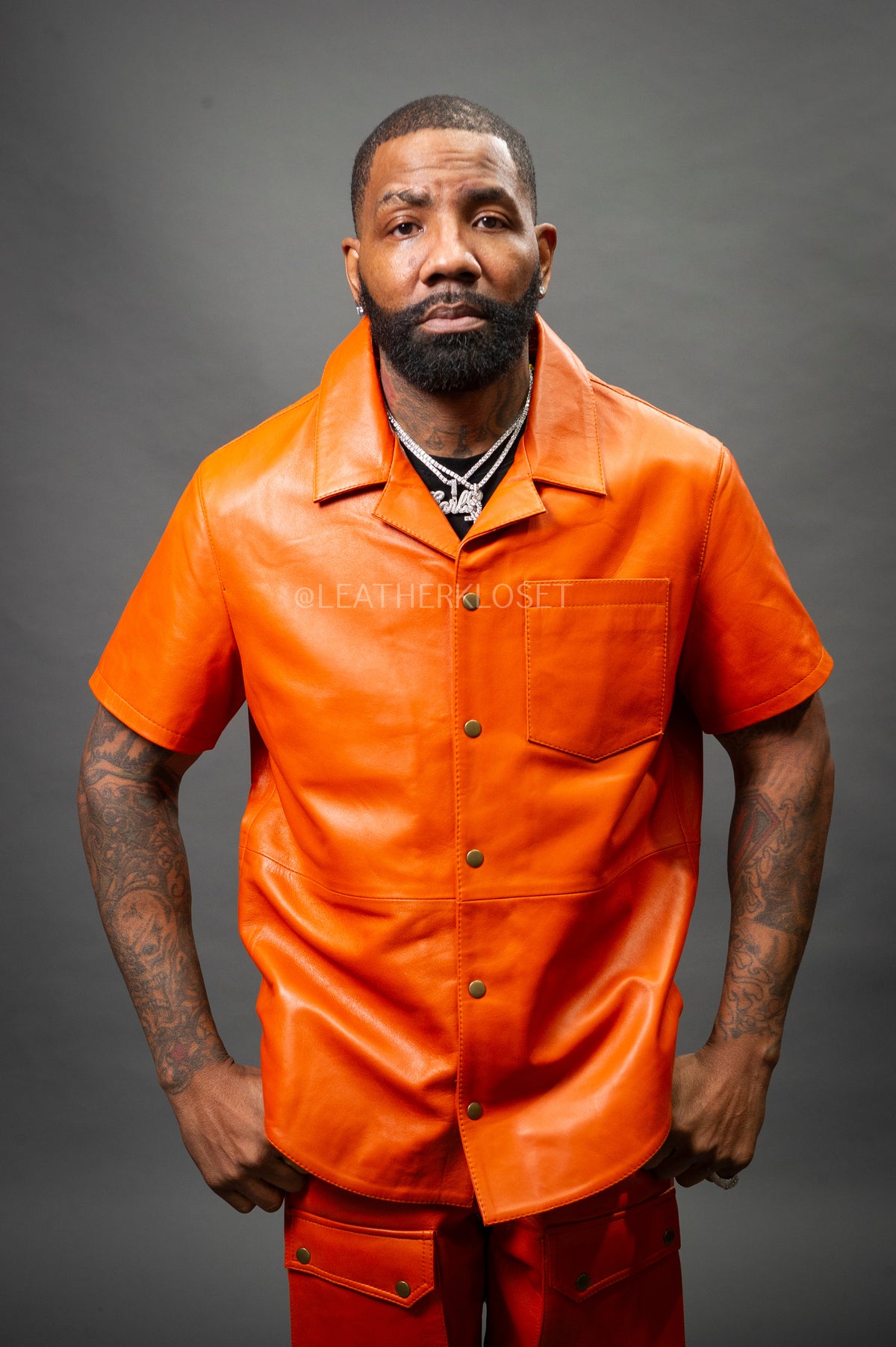 Men's Luka Leather Short Sleeve Shirt [Orange]