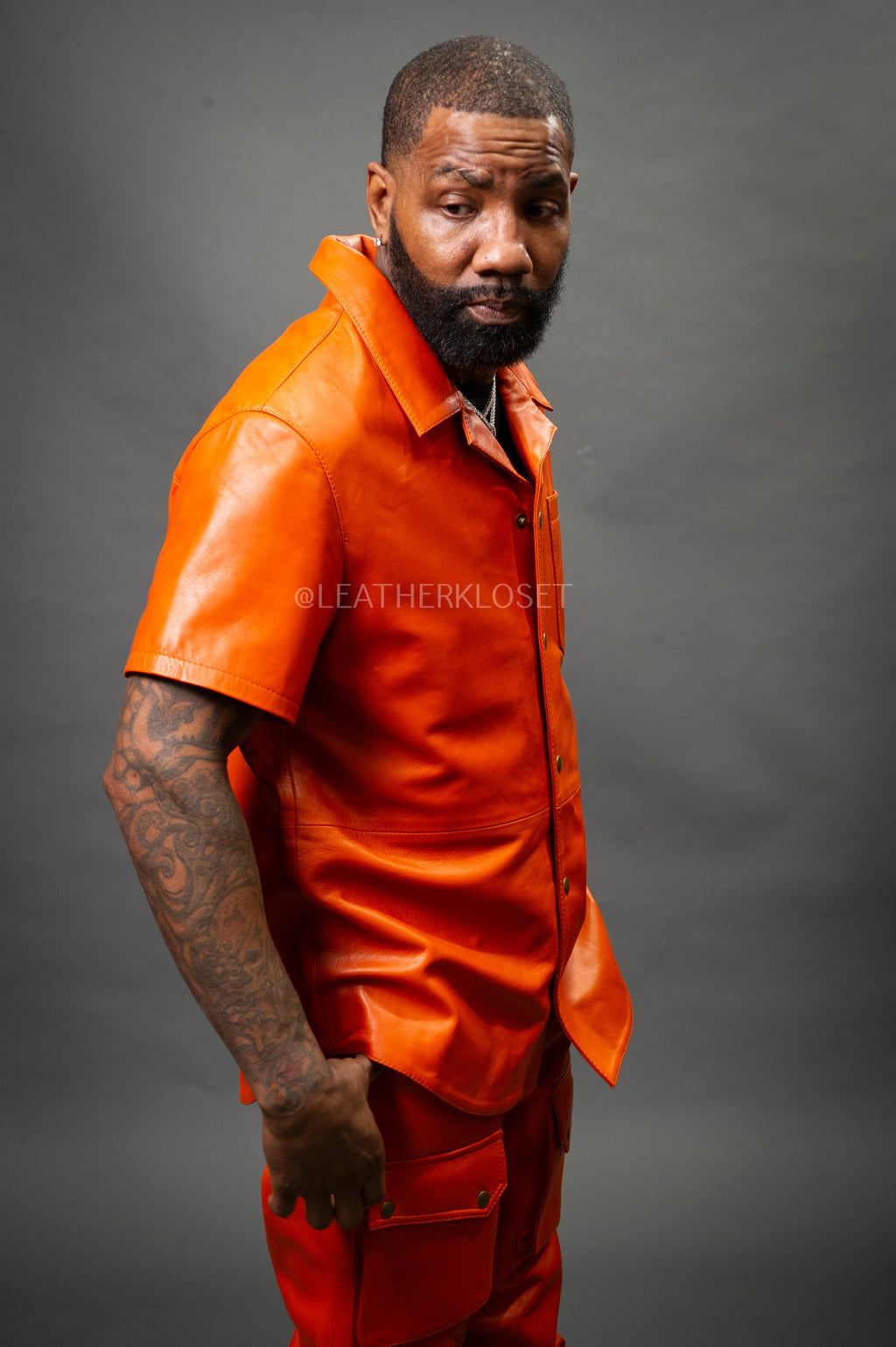 Men's Luka Leather Short Sleeve Shirt [Orange]
