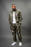 Men's Brayden Leather Track Suit Sweatsuit [Olive/Beige]