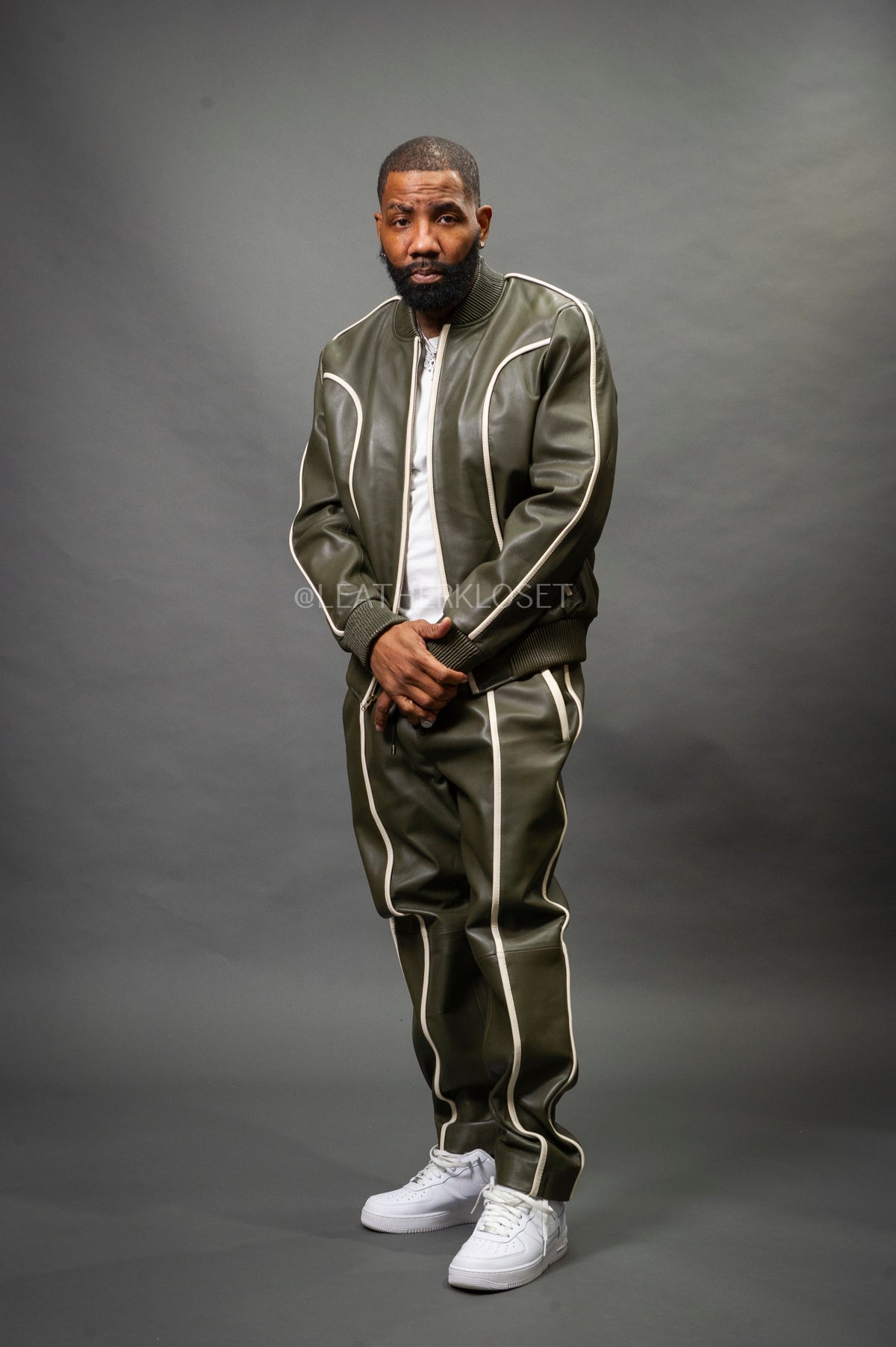 Men's Brayden Leather Track Suit Sweatsuit [Olive/Beige]