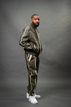 Men's Brayden Leather Track Suit Sweatsuit [Olive/Beige]