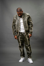 Men's Brayden Leather Track Suit Sweatsuit [Olive/Beige]