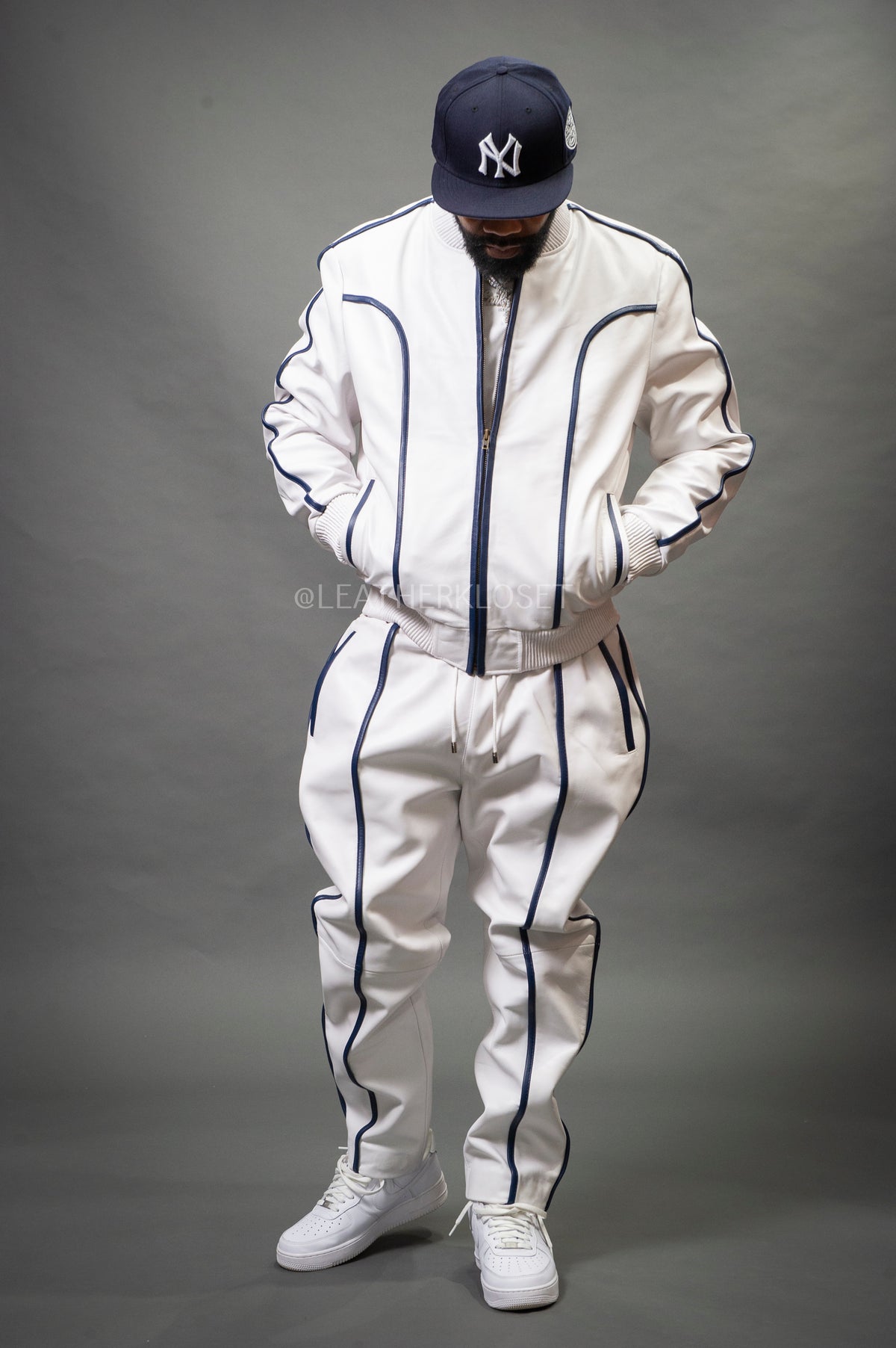 Men's Brayden Leather Track Suit Sweatsuit [White/Navy]