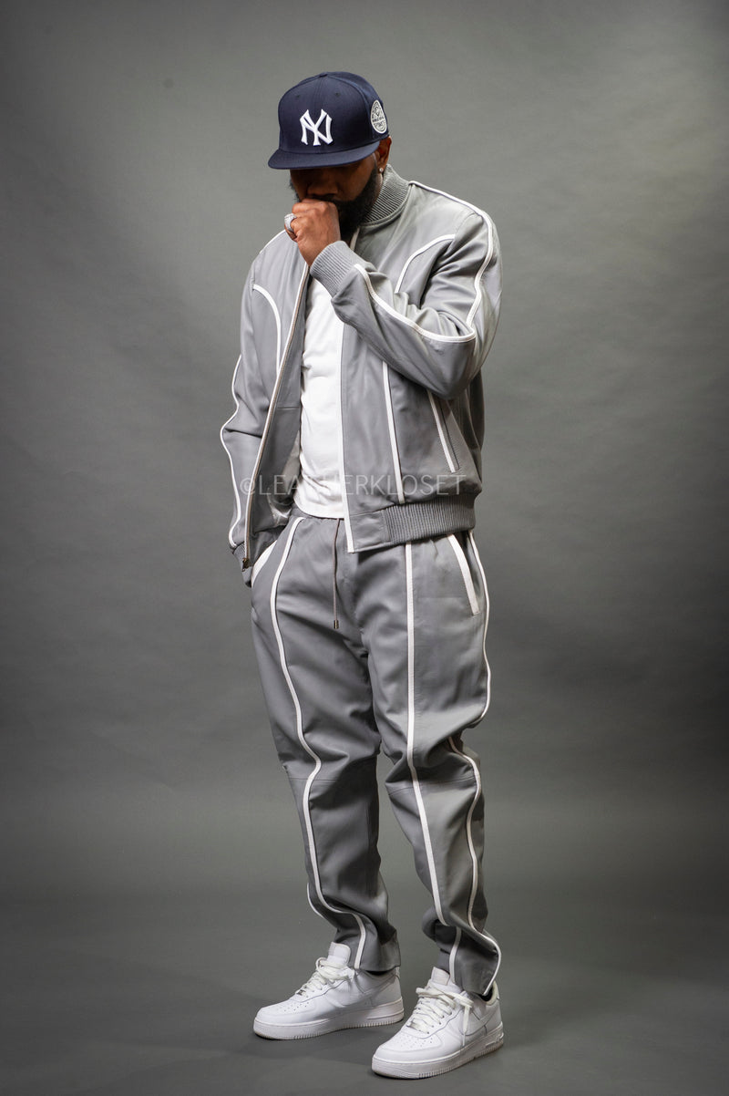 Men's Brayden Leather Track Suit Sweatsuit [Grey/White]
